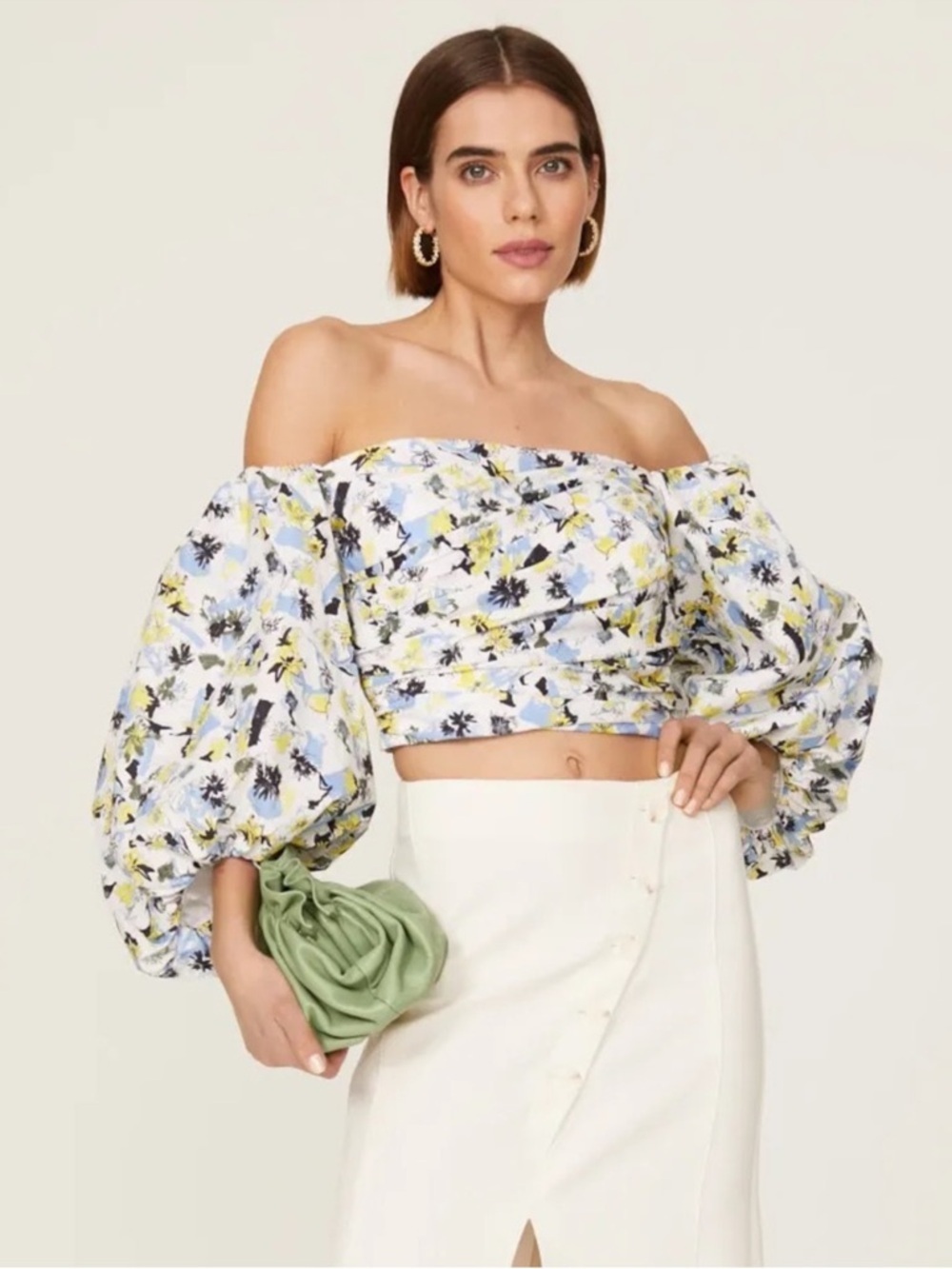 Tanya Taylor Womens Floral Cotton Alondra Puff Sleeve Off Shoulder Top Small 8